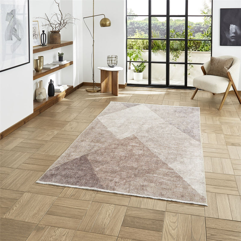 Whisper H1065 Washable Geometric Flat Weave Rugs in Beige Brown