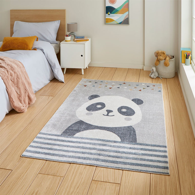 Vida Kids Panda Washable Childrens Rugs in Grey