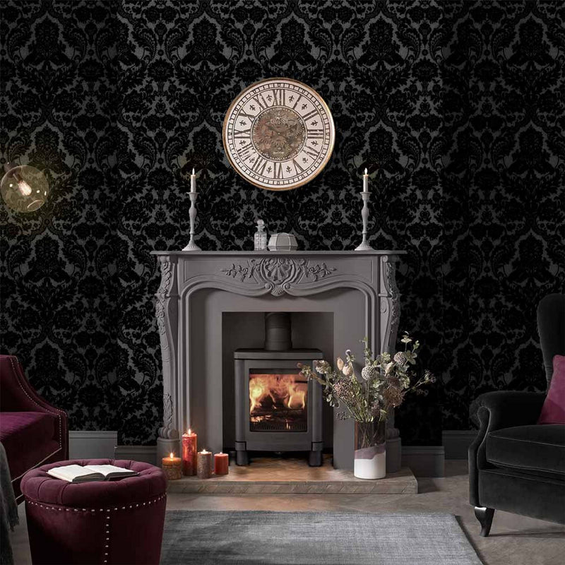 Gothic Damask Flock Wallpaper 106585 by Graham & Brown in Noir Black