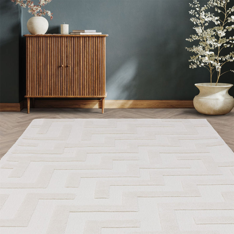 Freja Cove Boho Textured Geometric Washable Rugs in Ivory White