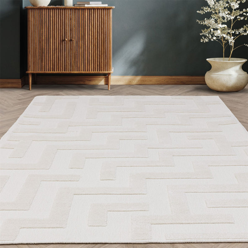 Freja Cove Boho Textured Geometric Washable Rugs in Ivory White