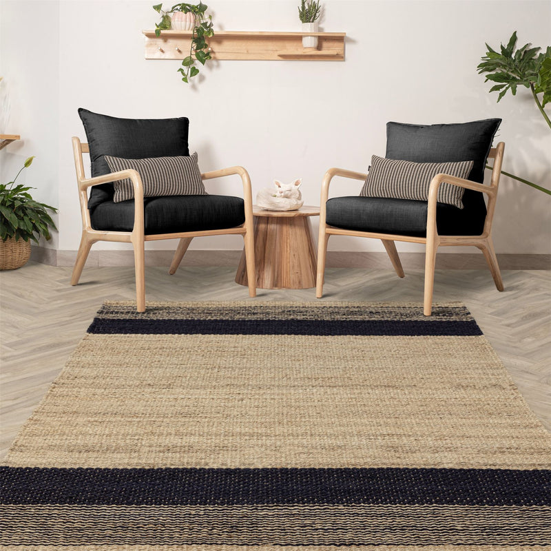 Cedar Stripe Jute Reversible Flatweave Rugs in Natural Charcoal