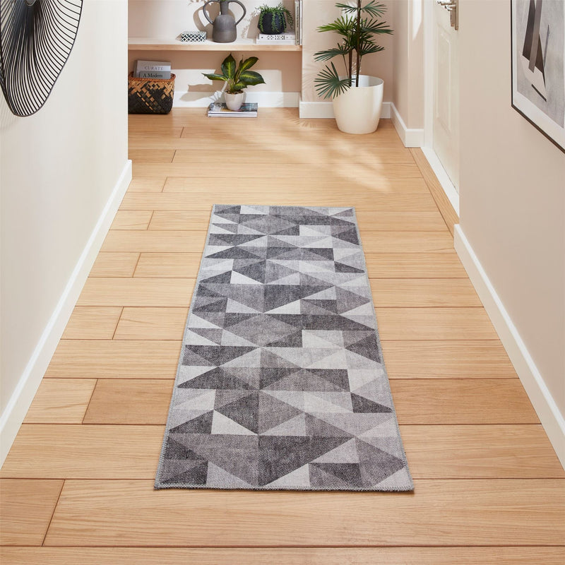 Coral H1057 Modern Washable Geometric Runner Rugs in Grey