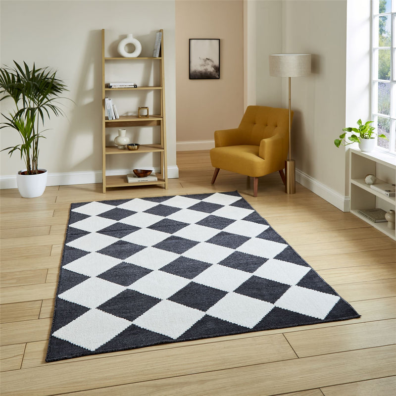 Lyna J0529 Textured Geometric Washable Rugs in Charcoal White