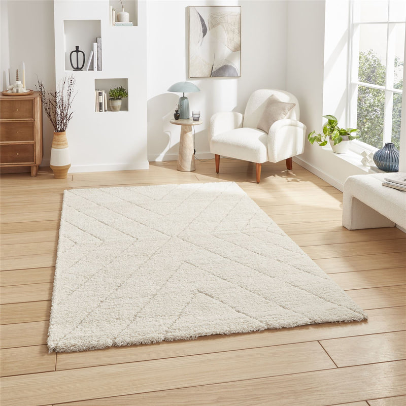 Ideal Shaggy 80362 Berber Geometric Rugs in Cream White