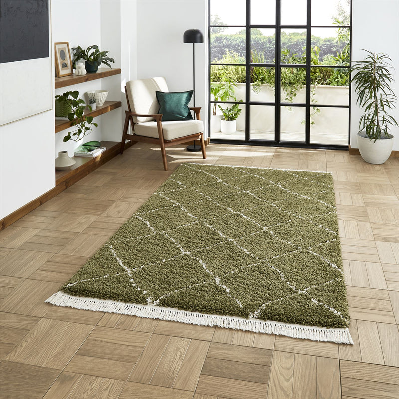 Boho 5413 Berber Shaggy Modern Rugs in Green