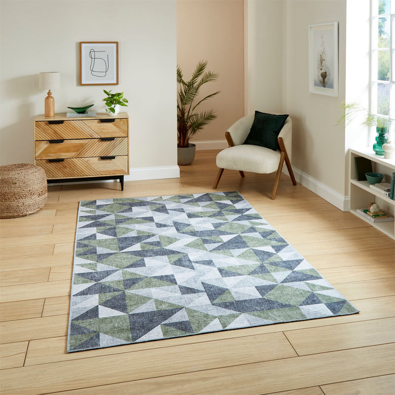 Coral H1057 Modern Washable Geometric Rugs in Green Grey