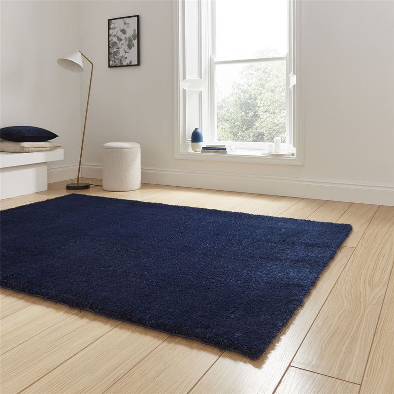 Lux Shaggy Modern Plain Shaggy Rugs in Navy Blue