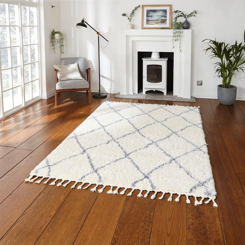 Boho Moroccan 1819 Shaggy Rugs in Ivory Grey