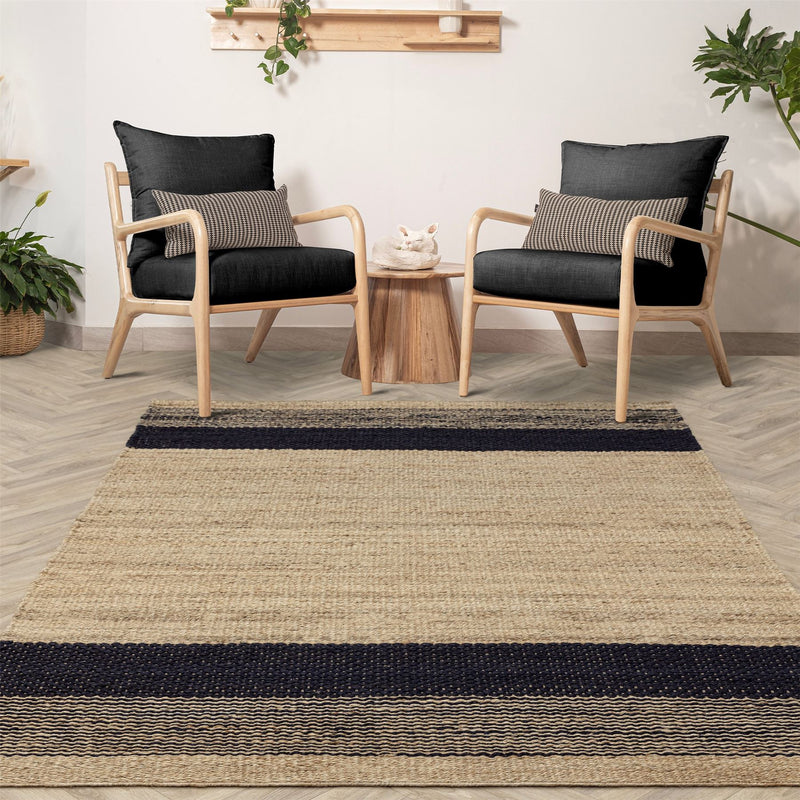 Cedar Stripe Jute Reversible Flatweave Rugs in Natural Charcoal