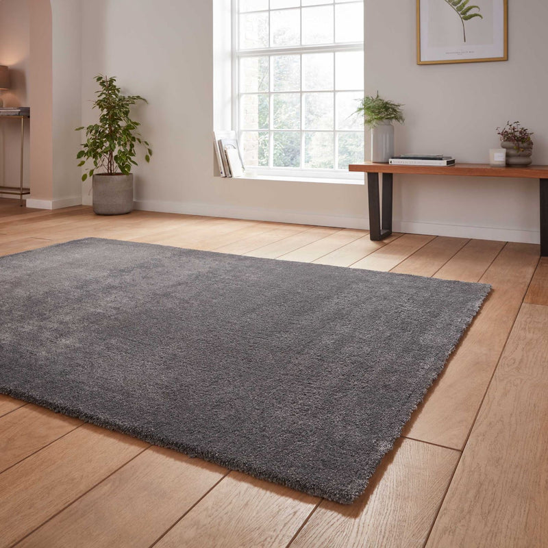 Cove Plain Plush Soft Shaggy Washable Rug in Charcoal Grey