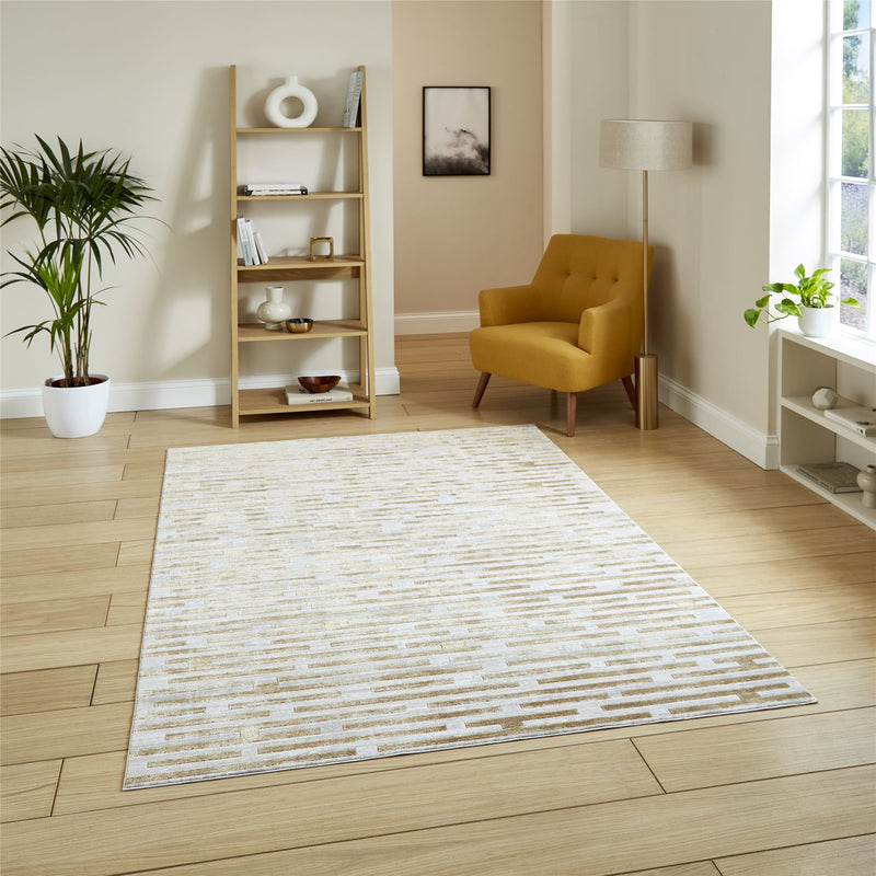 Mirage MR16 Modern Abstract Striped Metallic Rugs in Beige