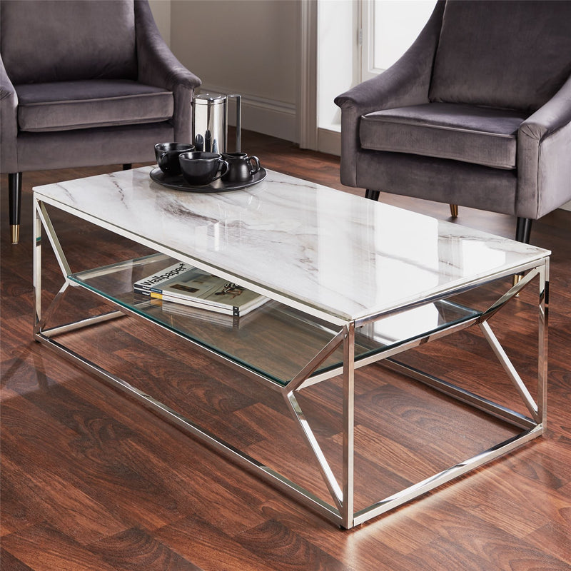 Delilah Marble Glass Coffee Table with shelf