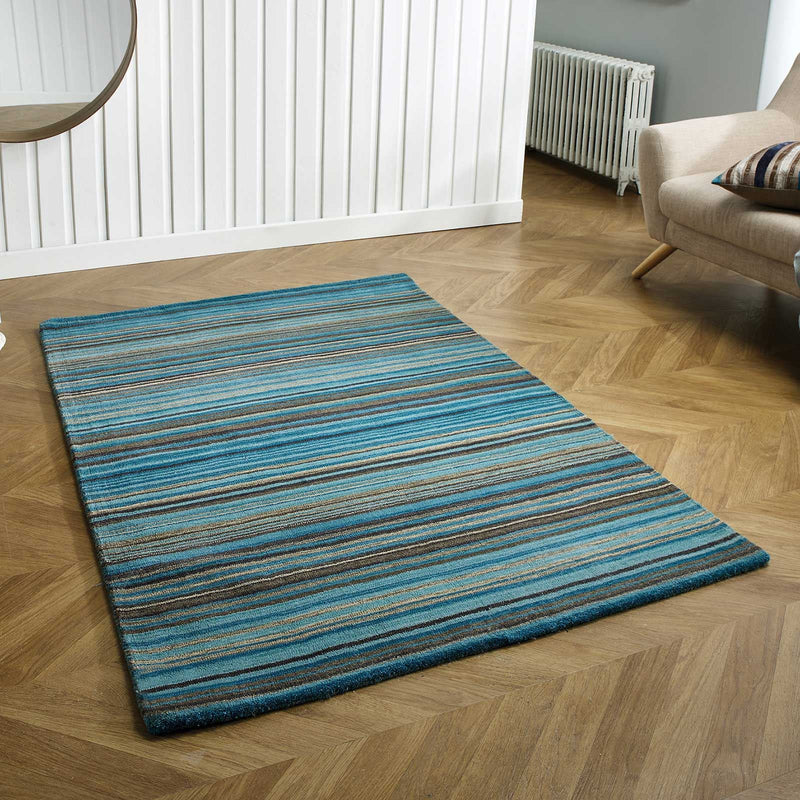 Carter Modern Stripe Wool Rugs in Teal Blue